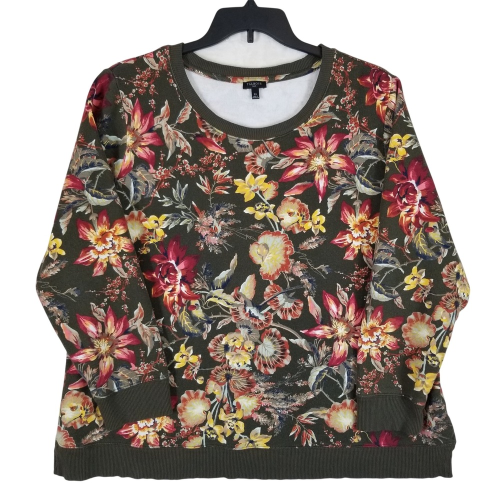 Talbots Floral Sweatshirt Women 2X Olive Green Cotton Modal Fleece Pullover